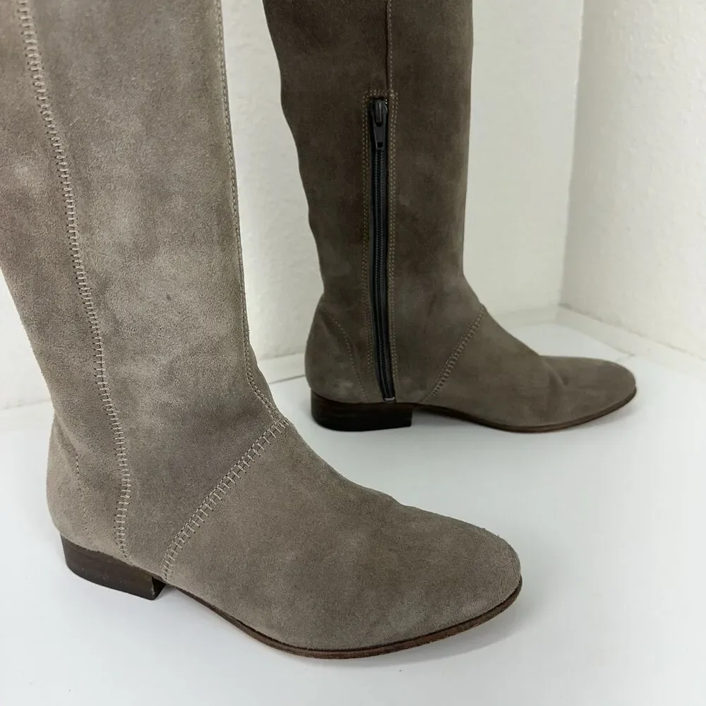 Free People Suede Over The Knee Riding Boots Zip Almond Toe Taupe 36 US 6